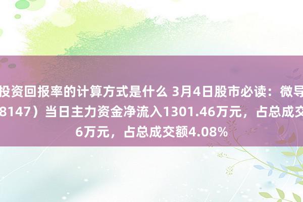 投资回报率的计算方式是什么 3月4日股市必读：微导纳米（688147）当日主力资金净流入1301.46万元，占总成交额4.08%